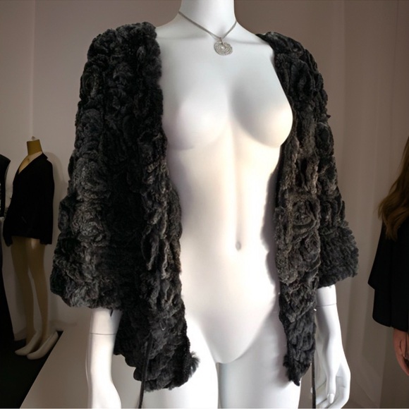 Vintage knit jacket cardigan rabbit fur with leather belt medium - Picture 4 of 9